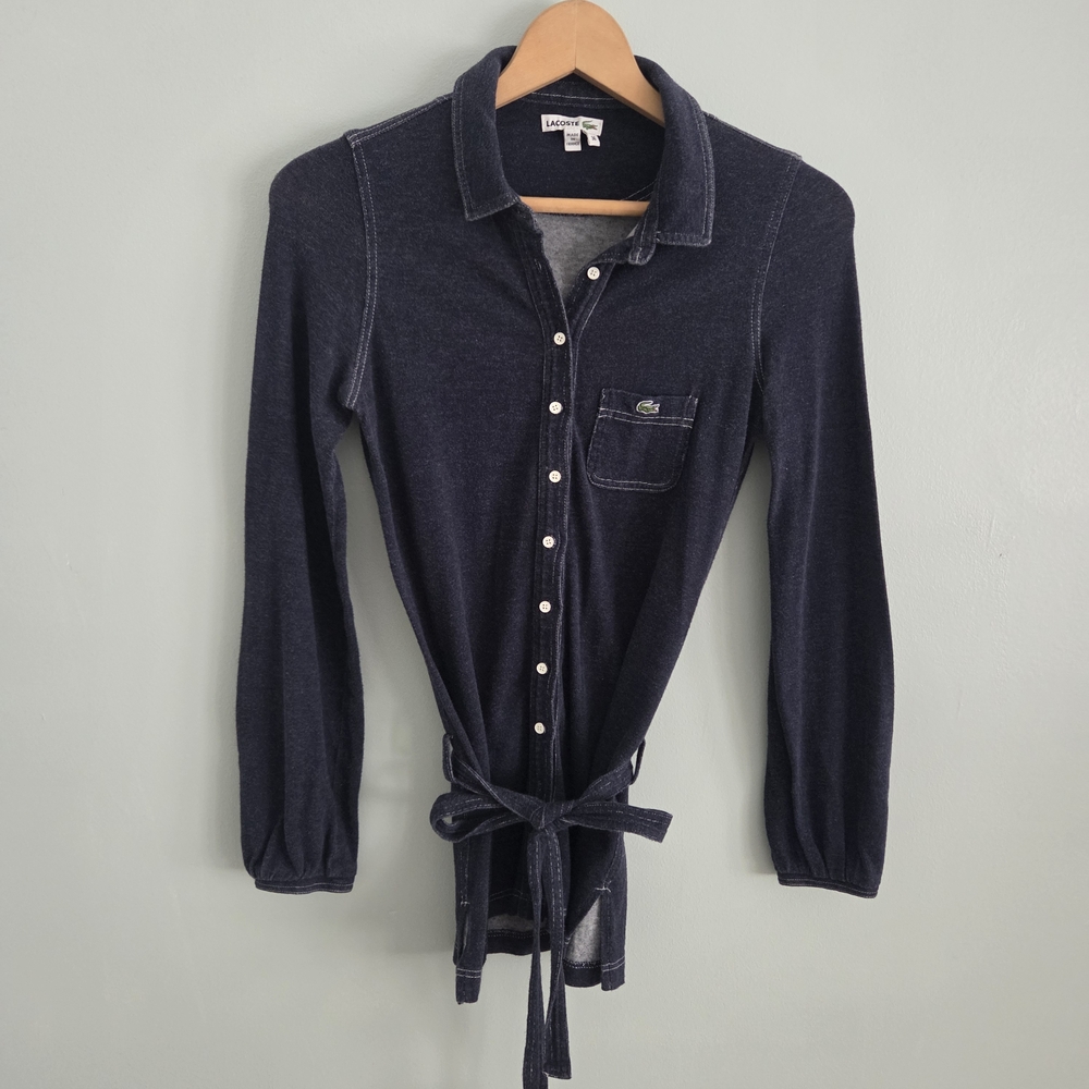 Lacoste Navy Blue Button Long Sleeve Belted Shirt Sz 36 Womens